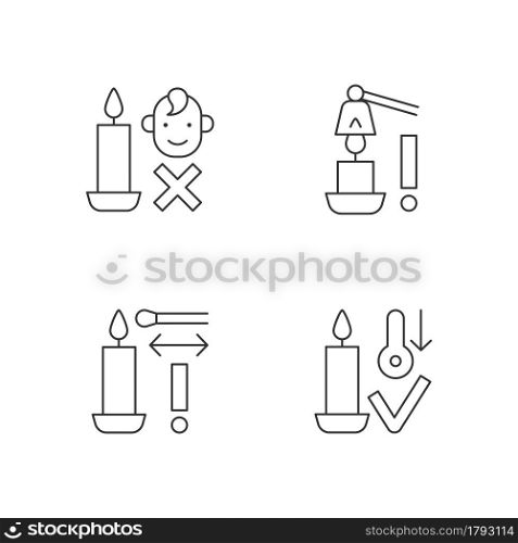 Burning candles safely linear manual label icons set. Keep kids away. Customizable thin line contour symbols. Isolated vector outline illustrations for product use instructions. Editable stroke. Burning candles safely linear manual label icons set