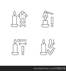Burning candles safely linear manual label icons set. Keep kids away. Customizable thin line contour symbols. Isolated vector outline illustrations for product use instructions. Editable stroke. Burning candles safely linear manual label icons set
