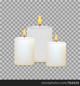 Burning candles set. Aromatic decorative round cylindrical candle sticks. Vector illustrtaion.. Burning candles set. Aromatic decorative round cylindrical candle sticks. Vector stock illustrtaion.