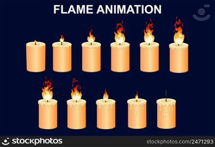 Burning candles set with fire flames and wax animation on blue background isolated vector illustration. Burning Candles Set