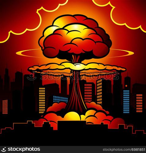 Burning city with nuclear explosion of atomic bomb. Cartoon vector illustration. Atomic bomb destruction, nuclear radioactive power. Burning city with nuclear explosion of atomic bomb. Cartoon vector illustration