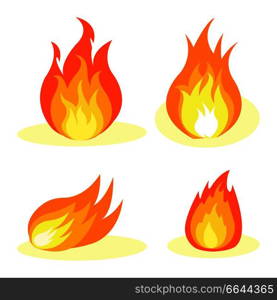 Burning fire collection isolated on white vector poster in graphic design. Colorful bonfire with great waving flame for making picnics. Burning Fire Collection Isolated on White Poster