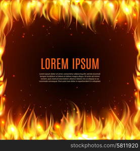 Burning fire flame frame on the black background with text in center vector illustration.. Burning fire flame on the black background