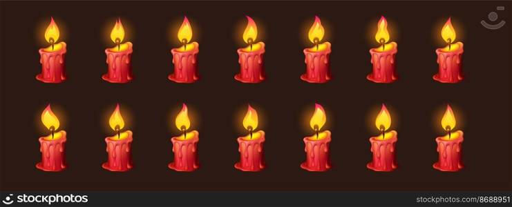 Burning fire on candle for 2d animation or video game. Vector cartoon animation sprite sheet with sequence of shiny flickering flame on red wax candle isolated on black background. Burning fire on candle for 2d animation
