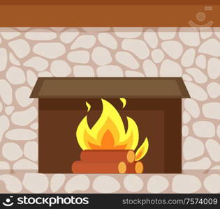 Burning fire, wooden logs and fireplace made of stone closeup vector. Flame in hearth at base of chimney, brick wall, home construction of decorative paving. Burning Fire, Wooden Logs, Fireplace Made of Stone
