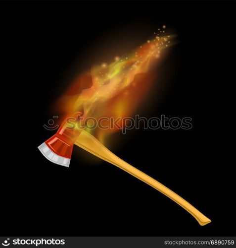 Burning Firefighter Axe Icon with Fire Flame Isolated on Black Background. Burning Firefighter Axe Icon with Fire