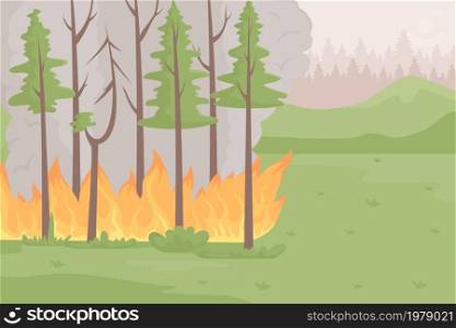 Burning forest flat color vector illustration. Uncontrolled fire in national park. Spontaneous combustion. Air pollution. Burning plants. Wildfire 2D cartoon landscape with green forest on background. Burning forest flat color vector illustration