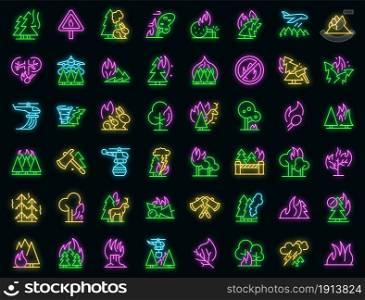 Burning forest icons set. Outline set of burning forest vector icons neon color on black. Burning forest icons set vector neon