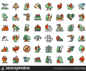 Burning forest icons set. Outline set of burning forest vector icons thin line color flat on white. Burning forest icons set vector flat