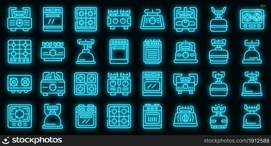Burning gas stove icons set. Outline set of burning gas stove vector icons neon color on black. Burning gas stove icons set vector neon