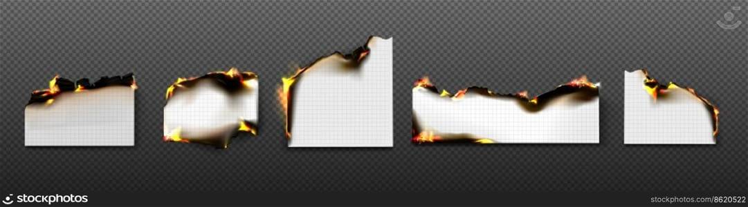 Burning grid paper sheets with fire and black ash. Smoldering notebook pages with checkered pattern and flame isolated on transparent background, vector realistic set. Burning grid paper sheets with fire and black ash