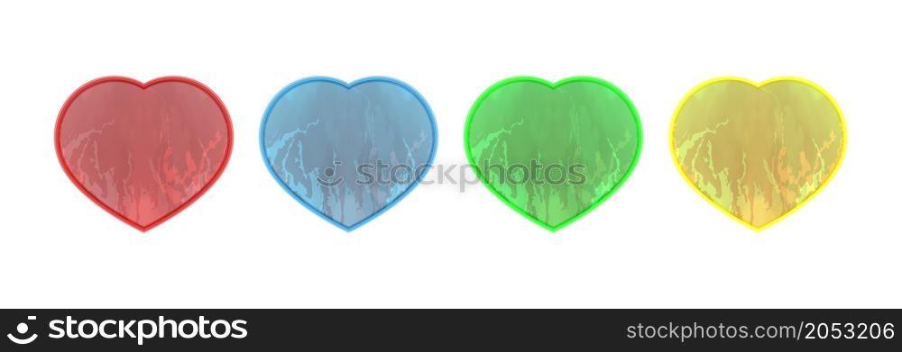 Burning heart in different colors on a light background. Vector set.