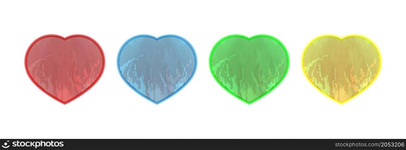 Burning heart in different colors on a light background. Vector set.