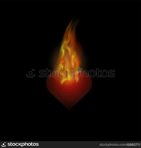 Burning Heart Sticker with Fire and Flame Isolated on Black Background. Burning Heart Sticker with Fire and Flame