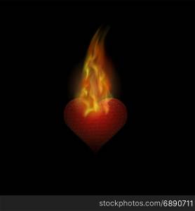 Burning Heart Sticker with Fire and Flame Isolated on Black Background. Burning Heart Sticker with Fire and Flame