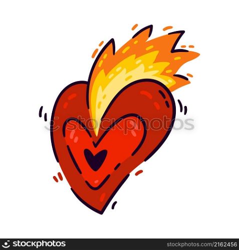 Burning heart with flame. Element for design saint valentine day, 14 February. Vector illustration doodle style isolated on white background. Hand drawn colored trendy clip art. Symbol of passion love