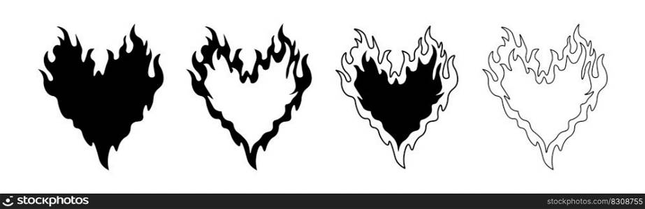 Burning hearts set. Heart silhouette with fire, blazing love pictogram. Vector illustration