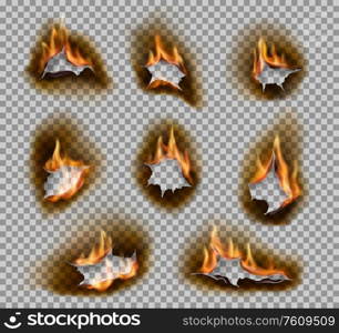 Burning holes with fire flames realistic vector design. Burnt paper holes on transparent background with scorched and cracked edges, ashes and brown burnts, fire flames and blaze. Burning holes, fire flames. Realistic burnt paper
