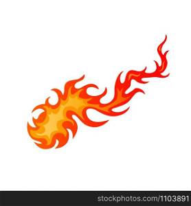 Burning hot comet cartoon sign. Bright fire flame in blazing inferno fireball in red and orange color isolated on white background. Vector illustration fire flame for burning tattoo or decal. Flames of fire on blazing fireball or fiery comet
