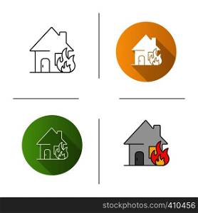 Burning house icon. Flat design, linear and color styles. House on fire. Isolated vector illustrations. Burning house icon
