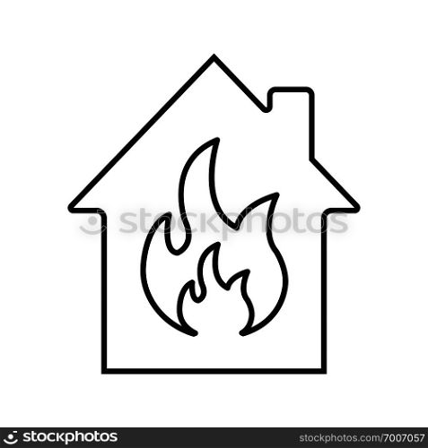 Burning house linear icon. Fire safety thin line illustration.Home protection. House with flame inside. Fire alarm system. Vector isolated outline drawing. Fire alarm contour symbol. Burning house linear icon
