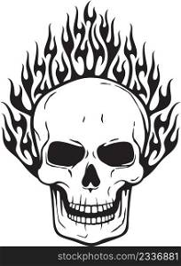Burning Human Skull Black and White. Vector illustration.