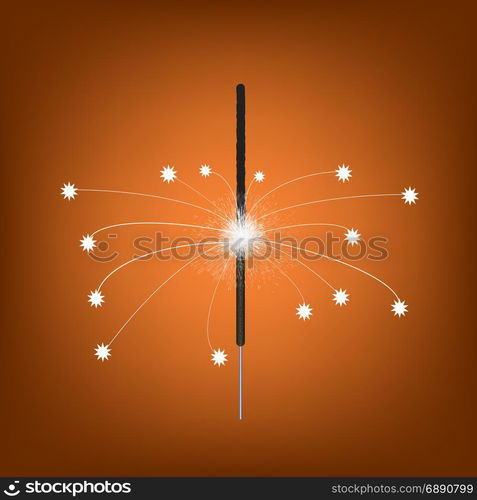 Burning Indian Light Sparkler. Bengal Fire Firework Isolated on Orange Gradient Background. Salute for Celebration. Burning Indian Light Sparkler.