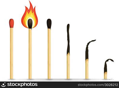 Burning, Lighted And Burnt Matches. Illustration of a set of wood match stick with normal, burning and burnt samples