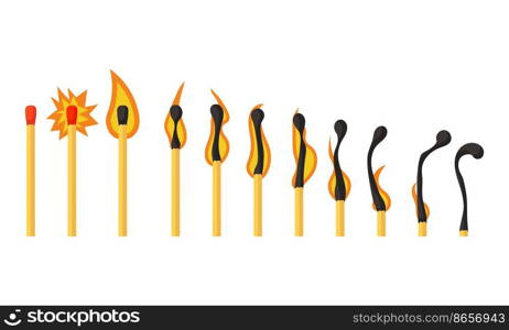 Burning match animation and flame ignite wooden stick. Matchstick fire sequence isolated icon set. Cartoon burnt step and element motion effect. Row flammable animated loading vector illustration