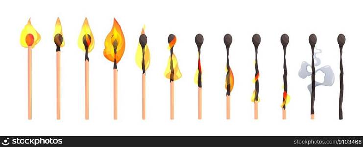 Burning match animation. Matchstick burnout stages, sequence steps of stick with sulfur combustion, cartoon animated kit. Vector isolated set. Bright flame or fire, flammable wooden sticks. Burning match animation. Matchstick burnout stages, sequence steps of stick with sulfur combustion, cartoon animated kit. Vector isolated set