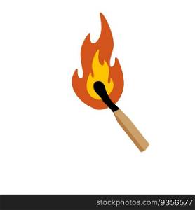 Burning match. Flame on wooden stick. Fire and ignition. Flat illustration isolated on white