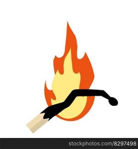 Burning match. Flaming stick for ignition. Flat cartoon. Burning match. Flaming stick for ignition