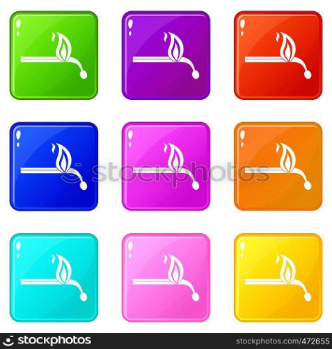 Burning match icons of 9 color set isolated vector illustration. Burning match icons 9 set