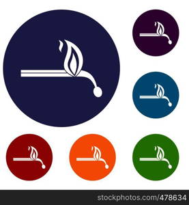 Burning match icons set in flat circle red, blue and green color for web. Burning match icons set