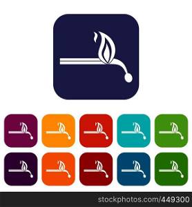Burning match icons set vector illustration in flat style In colors red, blue, green and other. Burning match icons set flat