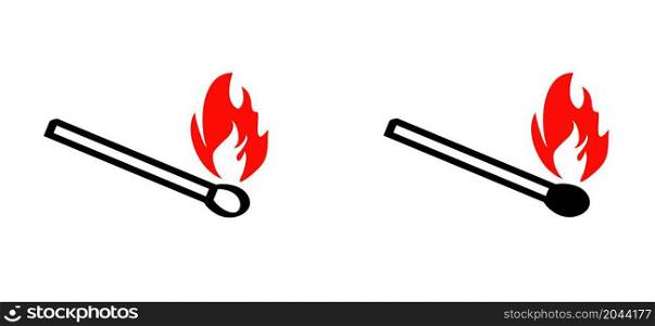 Burning matchstick, lucifer sign. Smoking, fire or flame logo. Burning matches icon. Matches pictogram. Match lighted icon. Funny flat vector cartoon. Red, orange flames