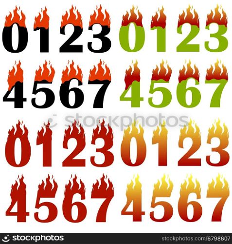 Burning Numbers Isolated on White Background. One Two Three Figures in Fire. Burning Numbers Isolated