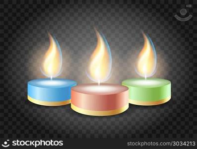 Burning Romantic candles on transparent background. Vector Illustration.. Romantic candles flame on transparent background