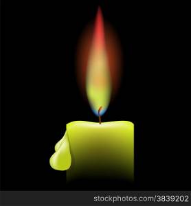 Burning Single Candle on a Black Background. Drops of Wax on the Candle. Bright Flame of a Candle. . Burning Single Candle