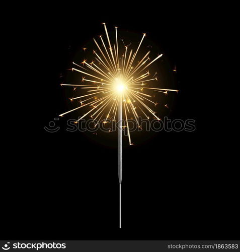 Burning sparkler. Bengal light realistic, christmas, new year and happy birthday sparkling candle, pyrotechnics for party. Firework isolated on black background single element. Vector 3d illustration. Burning sparkler. Bengal light realistic, christmas, new year and happy birthday sparkling candle, pyrotechnics for party. Firework isolated on black background. Vector 3d illustration