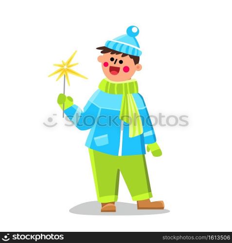 Burning Sparkler Holding In Hand Kid Boy Vector. Happy Child Hold Festival Glittering And Sparkling Sparkler Accessory For Celebration Christmas And New Year. Character Flat Cartoon Illustration. Burning Sparkler Holding In Hand Kid Boy Vector