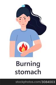 Burning stomach icon vector. Gastritis symptoms info-graphics in flat style. Sign of indigestion, abdominal pain illustration for gastroenterology.. Burning stomach icon vector. Gastritis symptoms info-graphics in flat style. Sign of indigestion, abdominal pain illustration gastroenterology.