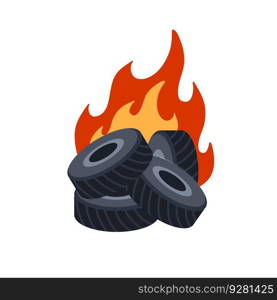 Burning tire. The old wheel. The problem of urban garbage and ecology. Fire and garbage. Flat cartoon isolated on white.