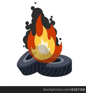 Burning tire. The old wheel. The problem of urban garbage and ecology. Fire and garbage. Flat cartoon isolated on white.. Burning tire. The old wheel.