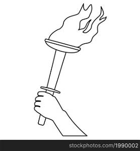 Burning torch in hand outline isolated on white. Contour design element. Vector illustration.. Burning torch in hand outline isolated on white. Contour design element.