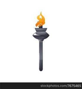 Burning torch in metal stick, fire symbol of peace isolated icon. Vector flaming torch medieval competitions mascot. Bright sparkling flare, flambeau cresset symbol of olympic sport, liberty freedom. Torch sport mascot, burning fire on stick isolated