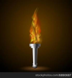 Burning Torch with Fire Flame on Dark Background. Burning Torch with Fire Flame