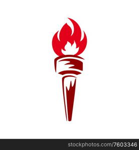 Burning torch with handle symbol of freedom, honor and liberty isolated. Vector flaming fire on handle. Torch with fire, symbol of victory and glory
