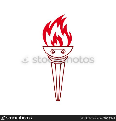 Burning torch with handle symbol of freedom, honor and liberty isolated. Vector flaming fire on handle. Torch with fire, symbol of victory and glory