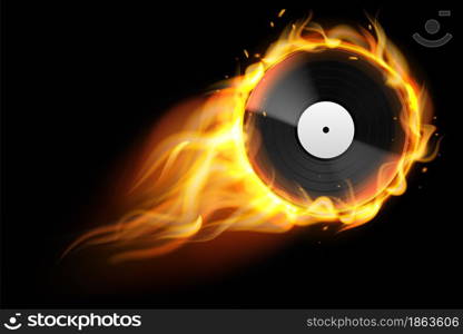 Burning vinyl record. Realistic analog audio black disc with fire trace. Retro musical album. Hot disco party background. DJ music. Flaming multimedia equipment template. Vector entertainment concept. Burning vinyl record. Realistic analog audio disc with fire trace. Retro musical album. Disco party background. DJ music. Flaming multimedia equipment template. Vector entertainment concept